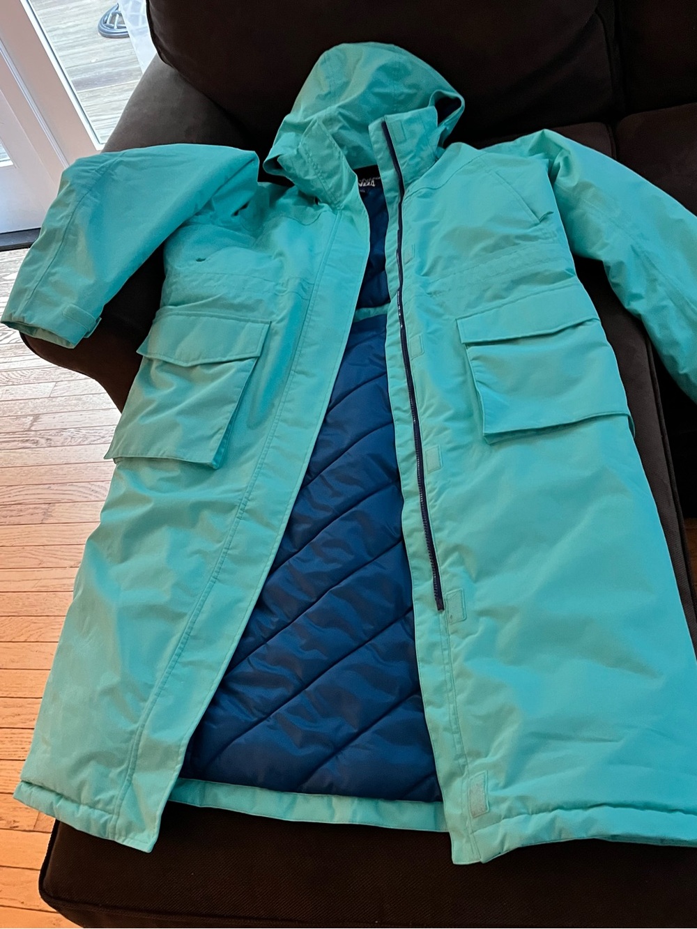 Lands' End Kids' Aqua Puffer Coat with Navy Quilted Lining